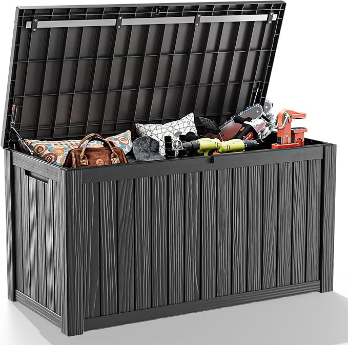 150 Gallon Outdoor Deck Box,Storage Lockable Waterproof Patio Furniture,Garden Tools,Cushions,Pool Accessories Outside Storage Resin Box(Black)-Ruum Studio Home
