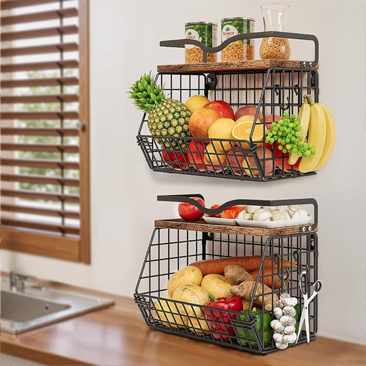 2 Pack Fruit Bowl Hanging Fruit Basket for Kitchen Counter ,Stackable Wire Baskets for Onion Storage and Potato Storage with Wood Lid,Vegetable Fruit Basket with Banana Hooks-Ruum Studio Home