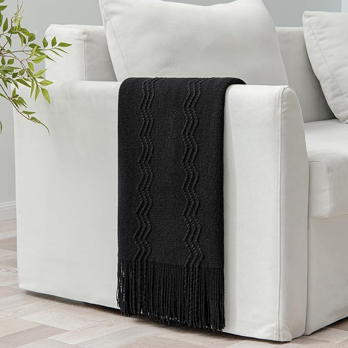 MIULEE Black Knitted Throw Blanket for Couch Textured Knit Blanket with Tassels Cozy Woven Boho Bed Blanket for Sofa Bed Chair Acrylic Wave Pattern 50"x60"-Ruum Studio Home
