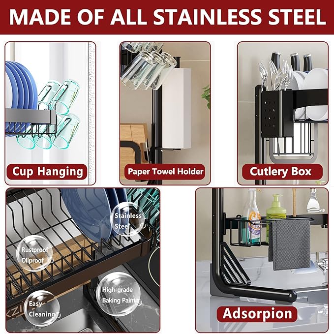 VNKZI Over Sink Dish Drying Rack, 2 Tier Full Stainless Steel Storage Adjustable Length (25.98'' to 36.61'') Kitchen Rack, Multifunctional Expandable Counter Organizer, Space Saver Dish Rack-Ruum Studio Home