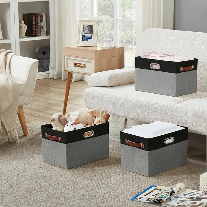 Large Collapsible Fabric Storage Bins with 3 Handles, Foldable Organizer Baskets for Closet, Shelves, Living Room | 3 Pack, Durable PU & Metal Handles (14.9"x9.8"x9.8", Black & Gray)-Ruum Studio Home