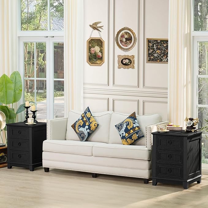 18" Farmhouse Night Stand with 3 Drawers, Wood End Table Dresser for Bedroom, Black Nightstand, Bed Side Table with Metal Handle, Bedside Cabinet for Bedroom Living Room, Closet-Ruum Studio Home