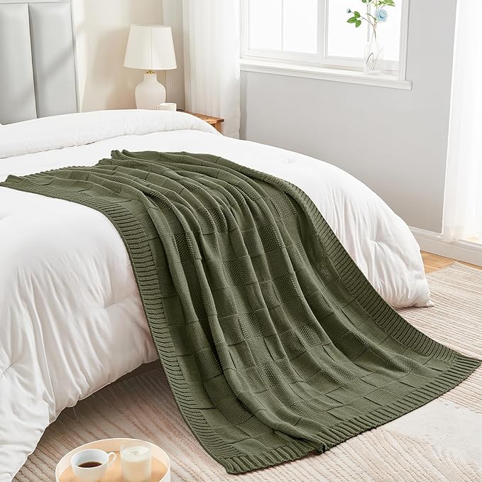 CozeCube Check Knit Throw Blanket, Olive Green Checkered Throw for Couch, Decorative Christmas Soft Cozy Warm Knitted Blanket for Bed Sofa Living Room, 60"X80"-Ruum Studio Home