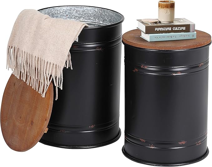 Rustic Storage Ottoman Seat Stool, Farmhouse Accent Side Table, Antique Galvanized Metal End Table Box Bin with Round Wooden Lid Set of 2 (Black)-Ruum Studio Home