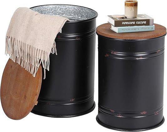 Rustic Storage Ottoman Seat Stool, Farmhouse Accent Side Table, Antique Galvanized Metal End Table Box Bin with Round Wooden Lid Set of 2 (Black)-Ruum Studio Home