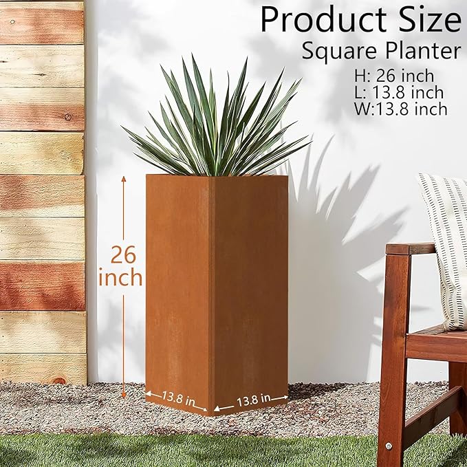 Cor Ten Steel Planter 26 Inch Tall Planter with Drainage Holes, Rust-Resistant/Heavy-Duty Metal Planter Box for Garden, Patio, Porch & Yard (14x14x26in)-Ruum Studio Home
