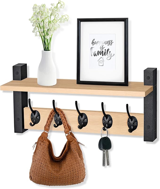 Sorbus Coat Hooks Wall Mount with Shelf – 16 Inch Coat Rack Wall Mount with 5 Heavy Duty Hooks – Floating Wall Shelf with Hooks for Entryway, Bathroom, Bedroom, Kitchen, or Mudroom (Maple Wood)-Ruum Studio Home