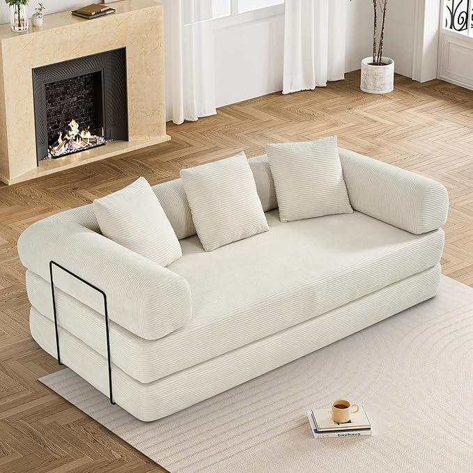 Convertible Sleeper Sofa Bed with Pillow, 4-in-1 Corduroy Folding Mattress Couch with Fixed-Shape Frame, Fold Out Floor Sofa Cama Lounge Couch for Living Room Bedroom Studio, Beige White-Ruum Studio Home