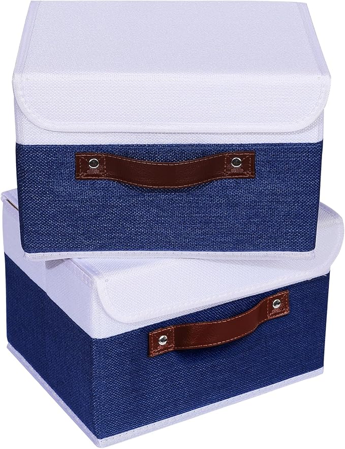 ANMINY 4PCS Storage Boxes with Lid Washable Decorative Storage Bin Basket with PU Leather Handle Foldable Linen Fabric Storage Cube Container for Home Closet Organizer - Deep Blue White, Small Size-Ruum Studio Home