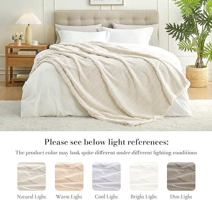 Amélie Home Luxury Striped Faux Fur Throw Blanket for Couch, Embossed Split Fur Cozy Fuzzy Fluffy Luxurious Soft Plush Sofa Chair Bed Gift Blankets for Women Men Wife Friend, 88"x90", Ivory-Ruum Studio Home