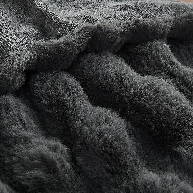 Lotus Karen King Size Faux Fur Blanket - Dark Gray, Big Bubble Rabbit Fluff, 108x90 Inches-Ruum Studio Home
