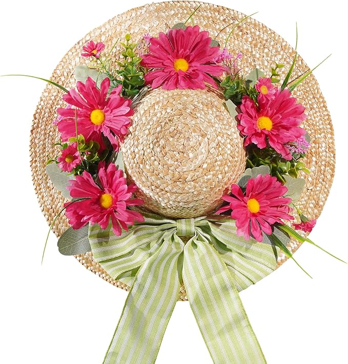Dilicoming Spring Wreaths for Front Door - 16 Inch Spring Summer Hat Wreath with Artificial Flower, Gift for Women, Indoor Outdoor Wreaths for Wall, Window, Farmhouse, Party, Holiday Home Décor-Ruum Studio Home