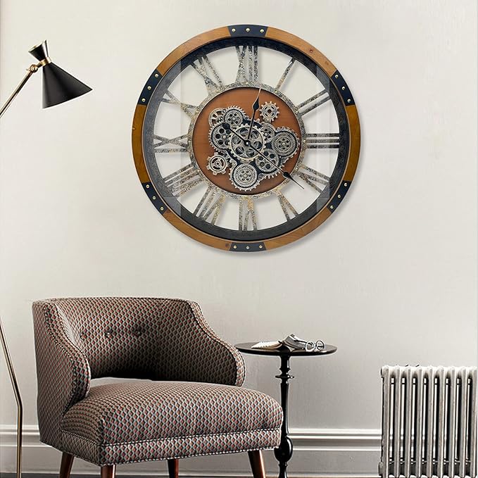 DORBOKER 24" Original Moving Gears Wall Clock, Large Industrial Wall Clock for Living Room Decor, Retro Wood Vintage Farmhouse Steampunk Rustic Clocks for Wall Decor,Brown Nanmu-Ruum Studio Home