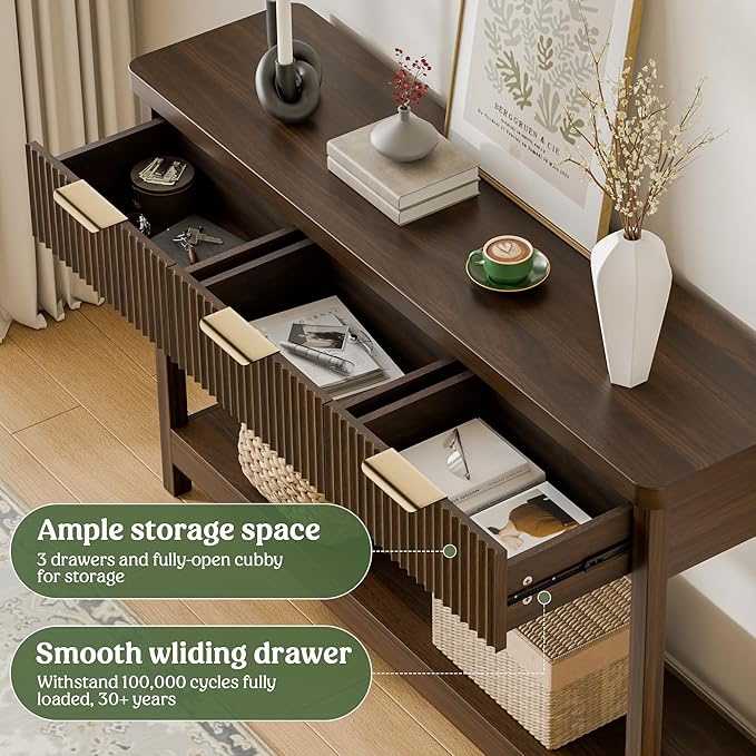 Lulive 51" Fluted Console Table for Entryway, Entryway Table with 3 Wooden Drawers, Farmhouse Behind Sofa Table for Living Room, Hallway, Couch, Foyer-Ruum Studio Home