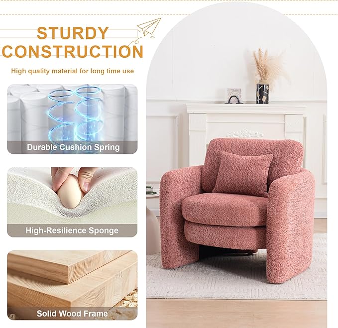 Chenille Accent Armchair Oversize Upholstered Barrel Comfy Modern Round Lounge Sofa Chair with Pillow Cozy Reading Chairs for Apartment,Office,Living Room,Dining,Makeup,Club,Pink 2SET-Ruum Studio Home