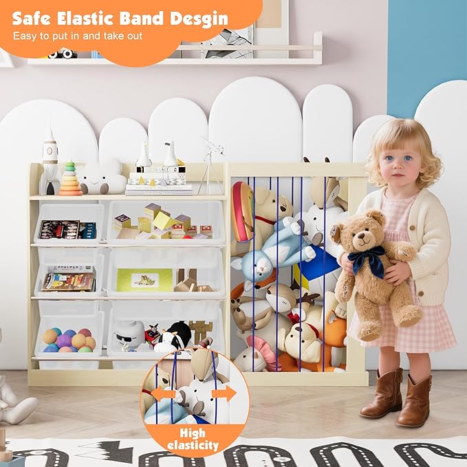 Kids Toy Storage Organizer with 6 Removable Plastic Bins Toddler Montessori Bookshelf with Stuffed Animal Net Holder Baby Bookcase Plush Organizer for Playroom,Bedroom,Kids Room,Classroom-Ruum Studio Home