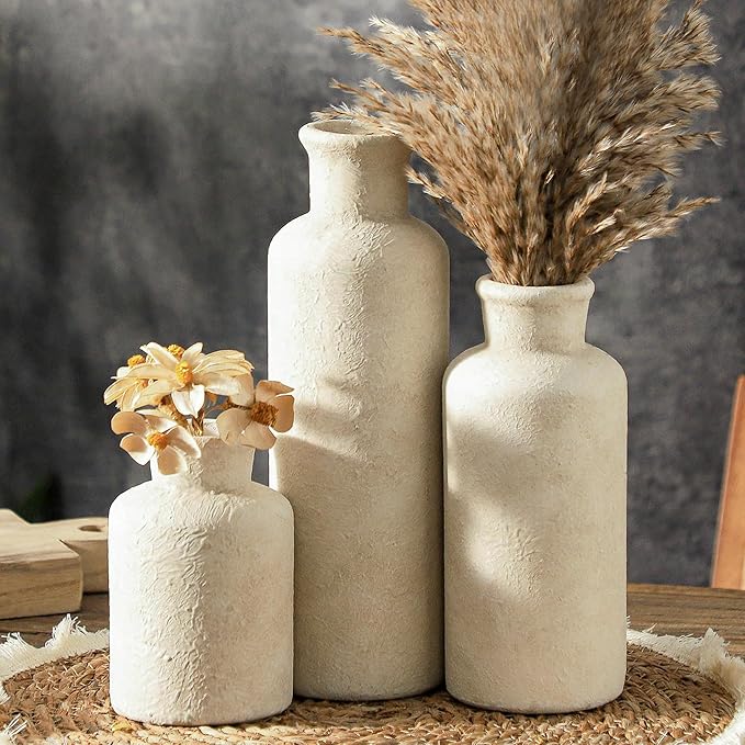 Ceramic Vases Set of 3, Whitewashed Neutral Flower Vases Home Decor, Pottery Rustic Farmhouse Decorative Vases Modern Decor for Table Mantel Entryway Bookshelf Living Room Kitchen Bedroom-Ruum Studio Home