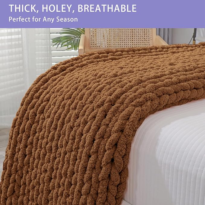 Bigacogo Chunky Knit Throw Blanket for Couch, 40x60 inches, 100% Hand Knitted with Thick Jumbo Chenille Yarn, Cozy Soft Large Rope Knot Cable Crochet Blankets for Sofa Bed Living Room, Caramel-Ruum Studio Home