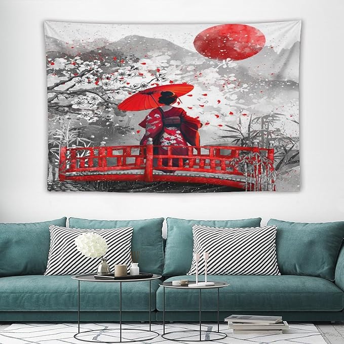 Japanese Red Geisha Tapestry Asian Cherry Blossom Red Sun Traditional Kimono Folk Tapestries Home Decor for Living Room Bedroom Apartment Farmhouse Dorm 90"x60"-Ruum Studio Home