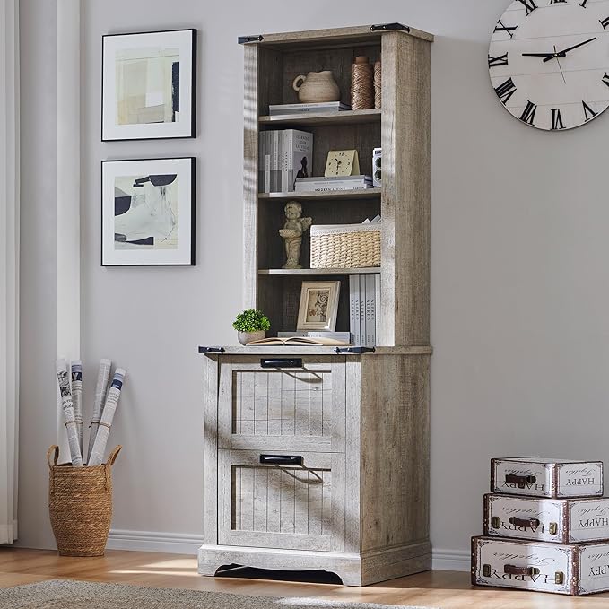 RedLemon Bookcase with 2 File Drawers, 72" Tall Farmhouse Bookshelf with Storage and Adjustable Shelves, 4 Tier Rustic Wood Bookshelf with Cabinet for Home Office, Living Room (Light Rustic Oak)-Ruum Studio Home