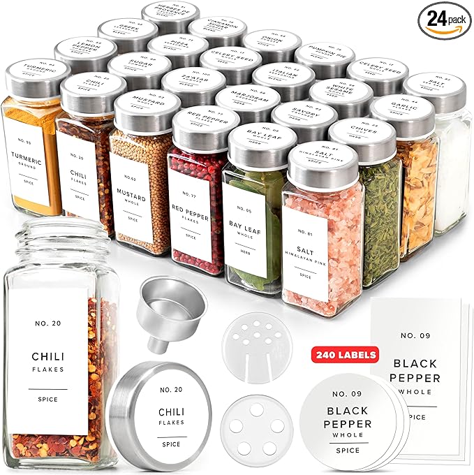 Glass Spice Jars with Label and Stainless Steel Lids (24 x 4oz) Spice Containers with 240 Labels, Shaker Inserts, Steel Funnel, Empty Square Empty Square Seasoning Organizer (White)-Ruum Studio Home