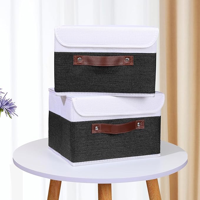 ANMINY 2PCS Storage Boxes with Lid Washable Decorative Storage Bins Basket with PU Leather Handle Foldable Linen Fabric Storage Cubes Containers for Home Closet Organizer - Black White, Small Size-Ruum Studio Home