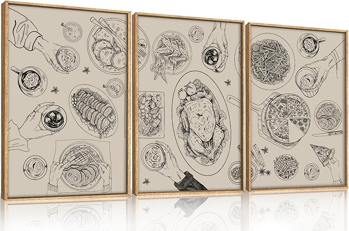 HPINUB Vintage Food and Drink Framed Canvas Wall Art Set,Sketch Pizza Cheers Wall Decor,Thanksgiving Dinner Turkey Artwork,Black and white Art Prints for Kitchen,Dining Room,Gatherings Decor-16"x24"x3-Ruum Studio Home