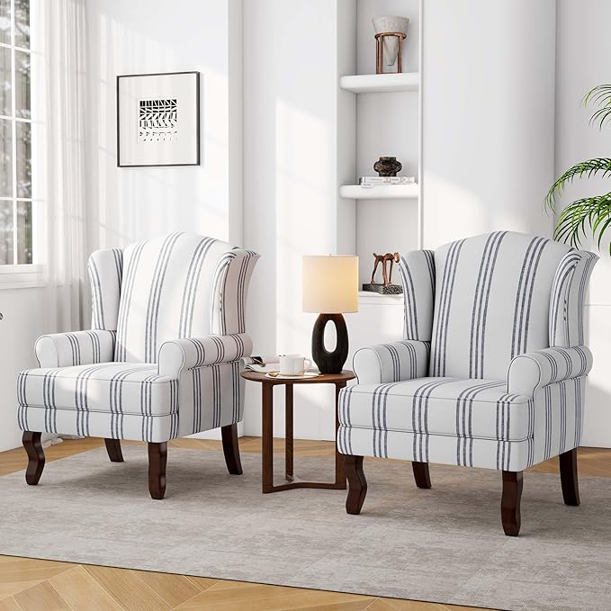 Accent Chair, High Back Upholstered Armchair with High Resilience Sponge & Wood Legs, Mid-Century Modern Comfy Single Sofa Reading Chairs for Living Room, Bedroom (Stripe Navy, Set of 1)-Ruum Studio Home
