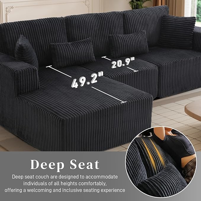 HYJT-H&K Modular Sectional Sofa Cloud Sectional Couch, 107" Comfy Fluffy L Shaped Dark Black Couches for Living Room, Deep Seat Memory Foam Plush Corduroy Boneless Couch Sectionals Left Facing Chaise-Ruum Studio Home