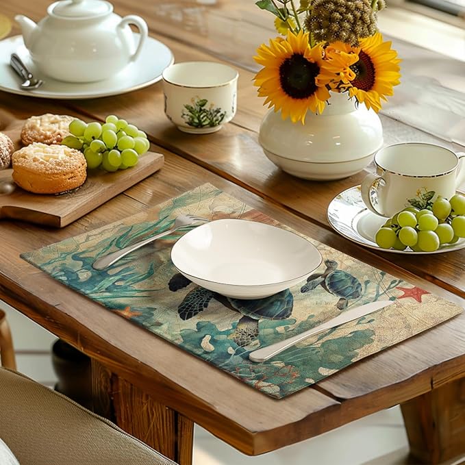 Sea Turtle Placemats Set of 4 Summer Beach Seasonal Linen Table Mats 12x18 Inch Vintage Ocean Animal Heat Resistant Washable Non-Slip Place Mats for Party Kitchen Dining Decoration-Ruum Studio Home