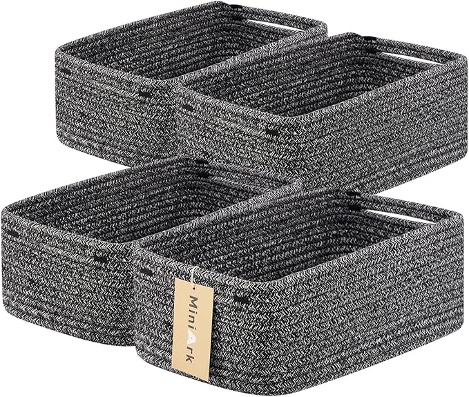 Small Storage Baskets for Organizing | Closet Organizer Bins | Shelf Toy Basket | Woven Rope Baskets | Cube Decorative Box | Shallow Basket | 13x8.5x5.1” | 4 Packs Dark Gray-Ruum Studio Home