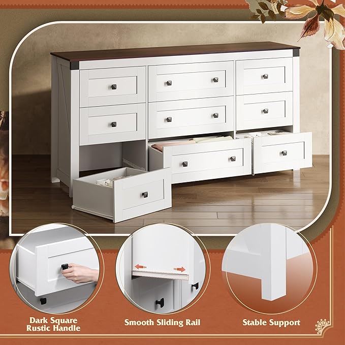 WLIVE Farmhouse Dresser for Bedroom, 63" Wide 9 Drawer Dresser Storage Organizer, Wood Chest of Drawers for Bedroom, TV Stand for 70 inch TV, for Living Room, Hallway, Ball Bearing Slide (White)-Ruum Studio Home