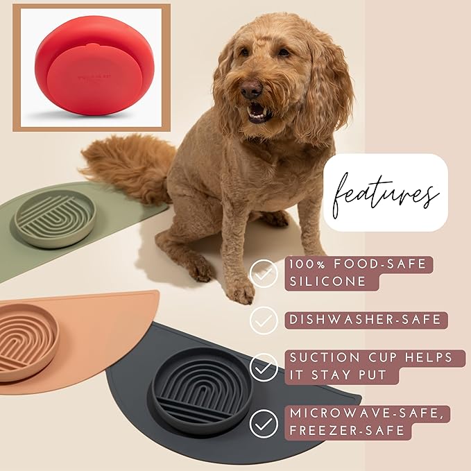 The Slowdown Bowl Silicone Slow Feeder for Dogs & Puppies, Slow Eating, Modern Lick Mat Design, Reduces Gulping, Fits 2 Cups 7.5” Across x 1.5” Tall, Mealtime Challenge, Medium-Cherry-Ruum Studio Home