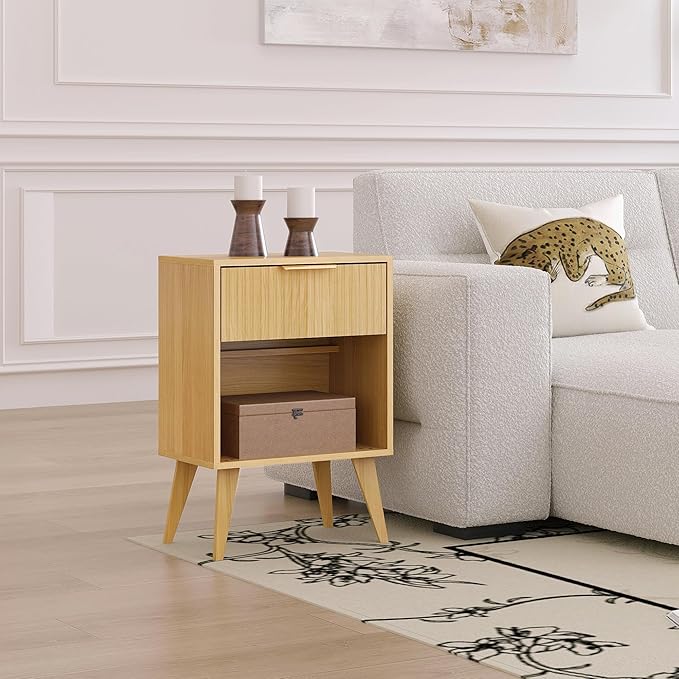 Fluted Night Stand with Opening Storage,Mid Century Bedside Table with Drawer,Wood Nightstand with Solid Wood Legs,End Table Side Table for Living Room,Bedroom,Natural CTG56Y-Ruum Studio Home