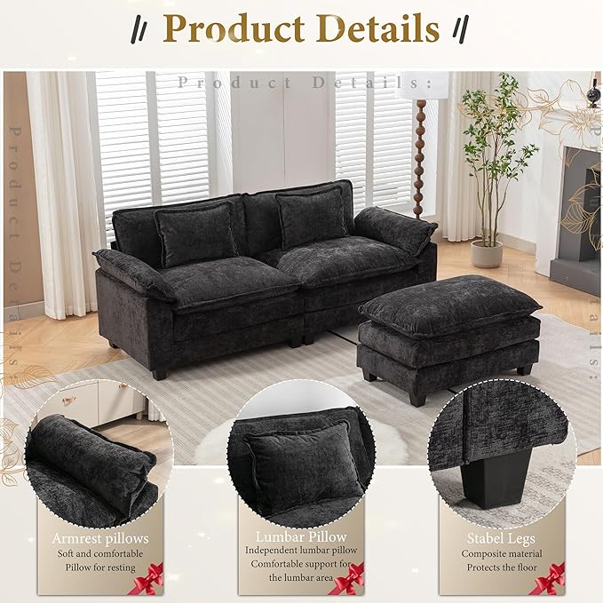 URRED Modular Sectional Sofa Comfy Cloud Couch, Modern Chenille Sofa Sleeper Deep Seat Couches with Ottoman/Pillows for Living Room (Black, 82.6''- L Shape)-Ruum Studio Home
