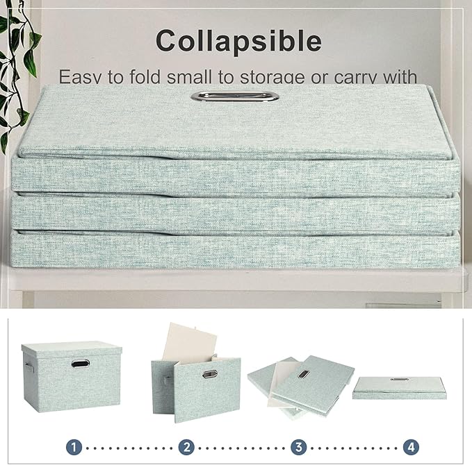 Large 17" 36 Quart Collapsible Stackable Storage Bins with Lids, 3 Packs Light Green Linen Fabric Closet Boxes with Lids, Storage Cube Baskets Container Organizers for Office (17x12x11)-Ruum Studio Home