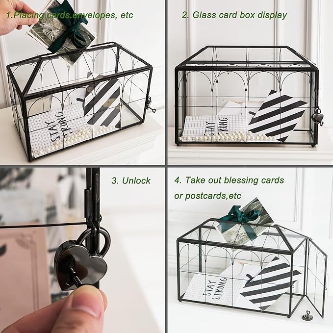 Wedding Card Box with Slot, 12.6'' Large Glass Card Boxes for Reception, Black Geometric Holder, Clear Decorative Storage Box with Lock for Baby Shower, Birthday Party, Christmas, Bridal Shower-Ruum Studio Home