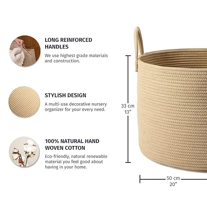 OrganiHaus Large Laundry Basket, Woven Cotton Rope Basket for Blankets, Toy Storage, Nursery Hamper, Living Room Decor Organizer, Soft & Durable Hamper with Handles, 20x13 inches - Honey-Ruum Studio Home