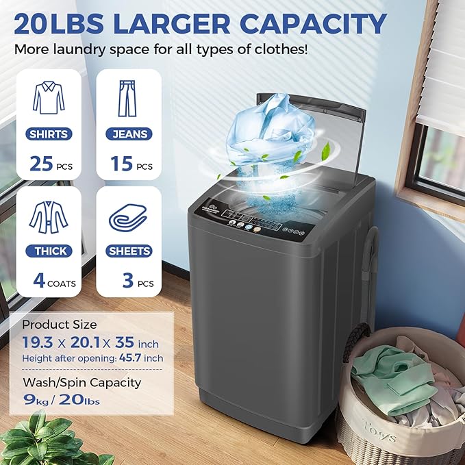 Nictemaw Portable Washing Machine, 20Lbs Capacity Full-Automatic Portable Washer Machine, 2.8Cu.ft Compact Laundry Machine with Drain Pump, 10 Programs & 8 Water Levels for Apartment Dorm RV-Ruum Studio Home