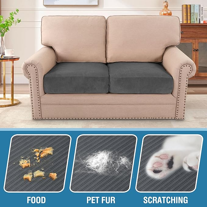 H.VERSAILTEX Velvet Stretch Couch Cushion Cover Plush Cushion Slipcover for Chair Loveseat Sofa Cushion Furniture Protector Seat Cushion Sofa Cover (2 Piece Large Sofa Cushion Covers, Grey Striped)-Ruum Studio Home