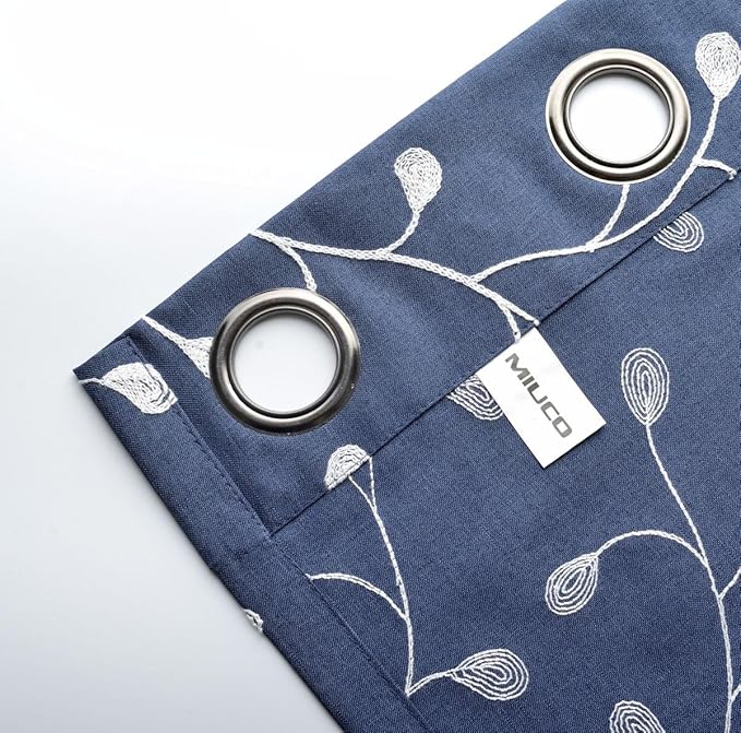 MIUCO Floral Embroidered Semi Sheer Curtains Faux Linen Grommet Curtains for Bedroom 52 x 84 Inch 2 Panels, Navy Blue-Ruum Studio Home