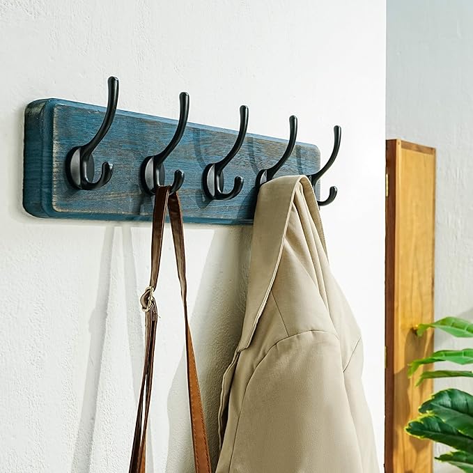 Dseap Coat Rack Wall: Patented, Heavy-Duty, 5-Double-Hooks Wooden Wall Mounted Coat Rack Coat Hanger Hook Rail for Winter Coats Hat Jacket Clothing, Weathered Blue-Ruum Studio Home