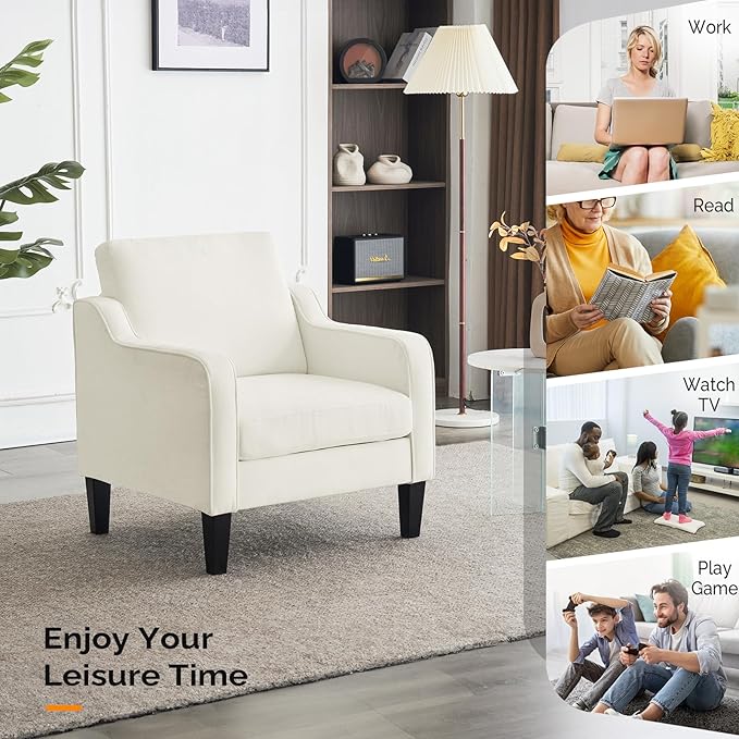 VINGLI Mid Century Modern Accent Chairs for Living Room, Cream White Comfy Reading Chair Soft Chenille Sofa Chairs Upholstered Side Armchair for Living Room, Bedroom, Apartment-Ruum Studio Home
