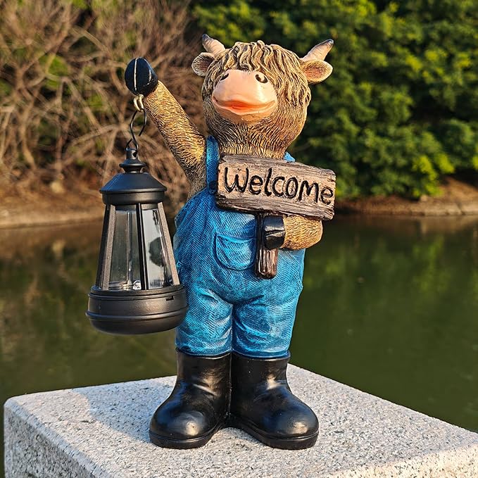 Solar Garden Statues -Highland Cow Lantern Outdoor Handmade Resin Statue with LED Light, and Welcome Holder for Patio, Yard, Gift Ideas (cow2)-Ruum Studio Home