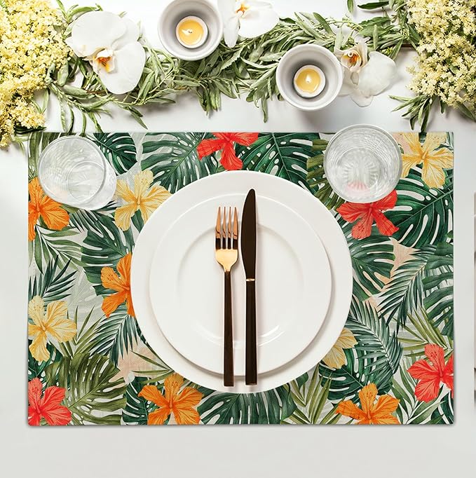 Tropical Palm Leaves Table Mats Set of 4 Summer Watercolor Hibiscus Flower Leaf Placement Mats for Dining Table Washable Non-Slip Heat Resistant Linen Place Mat 12×18 Inch-Ruum Studio Home