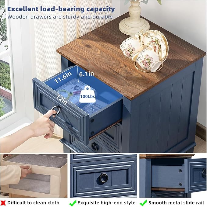 18" Farmhouse Night Stands Set of 2 with Charging Station, 2 & 3 Drawers End Table Dresser for Bedroom, Blue Wooden Nightstand, Bed Side Table with Open Shelf, Bedside Cabinet for Living Room-Ruum Studio Home