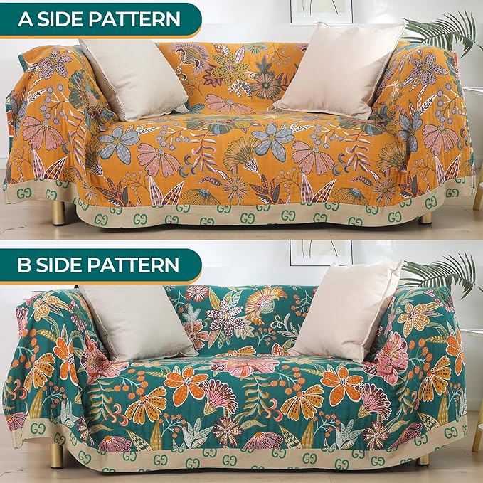 Boho Throw Blankets Reversible Luxurious Cotton Bed Throws with Vintage Bohemian Design & Yellow/Green Lightwight Floral Decor Blanket, Perfect as Bed Sofa Quilt 60" x 80"-Ruum Studio Home