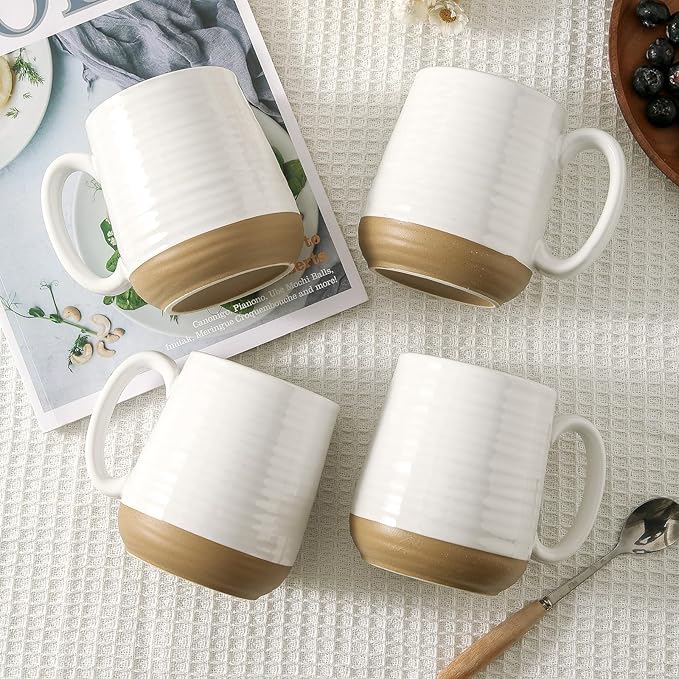 Large Ceramic Coffee Mugs Set - 15 OZ Porcelain Coffee Latte Cups Set of 4 with Handle Perfect for Cappuccino, Tea, Mocha, Hot or Cold Drinks, Unique Glaze Design for Home, Cafe and Coffee Bar, White-Ruum Studio Home