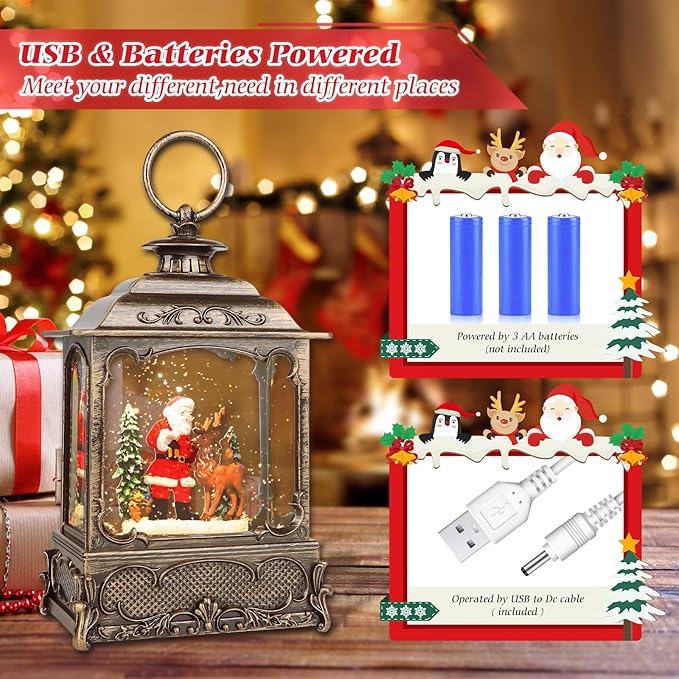 Christmas Snow Globes,Christmas Decorations for Home,with 6 Hour Timer,Musical Snow Globe,Battery Or USB Powered,Christmas Lantern,Christmas Festival Decor, Santas Reindeer-Ruum Studio Home