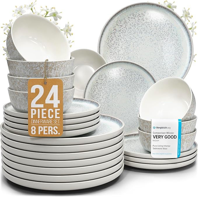 Stoneware dinnerware set 8 persons 24 pcs - Mediterranean dinnerware set, dishwasher, microwave and scratch resistant - bowl and plate set - dinnerware Pure Living Light Beige…-Ruum Studio Home